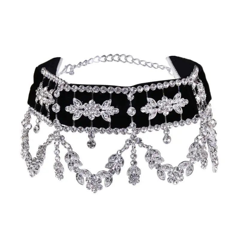Rhinestone Flower Ribbon Collar Choker Silver