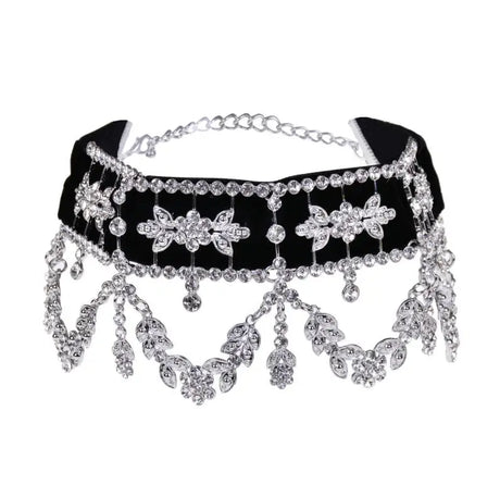 Rhinestone Flower Ribbon Collar Choker Silver