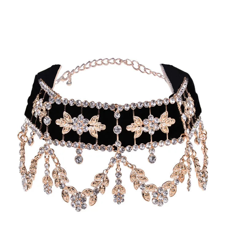 Rhinestone Flower Ribbon Collar Choker gold