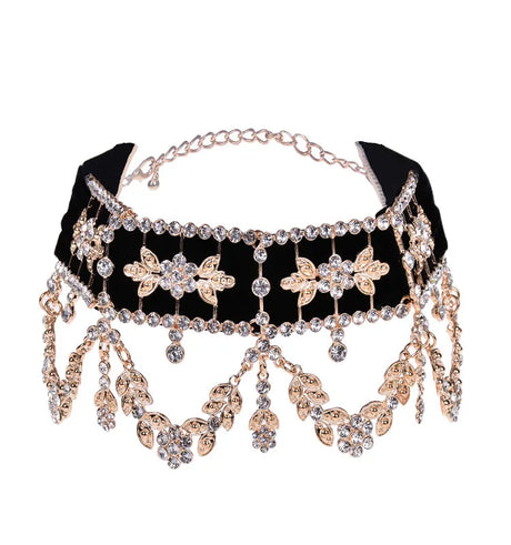 Rhinestone Flower Ribbon Collar Choker gold