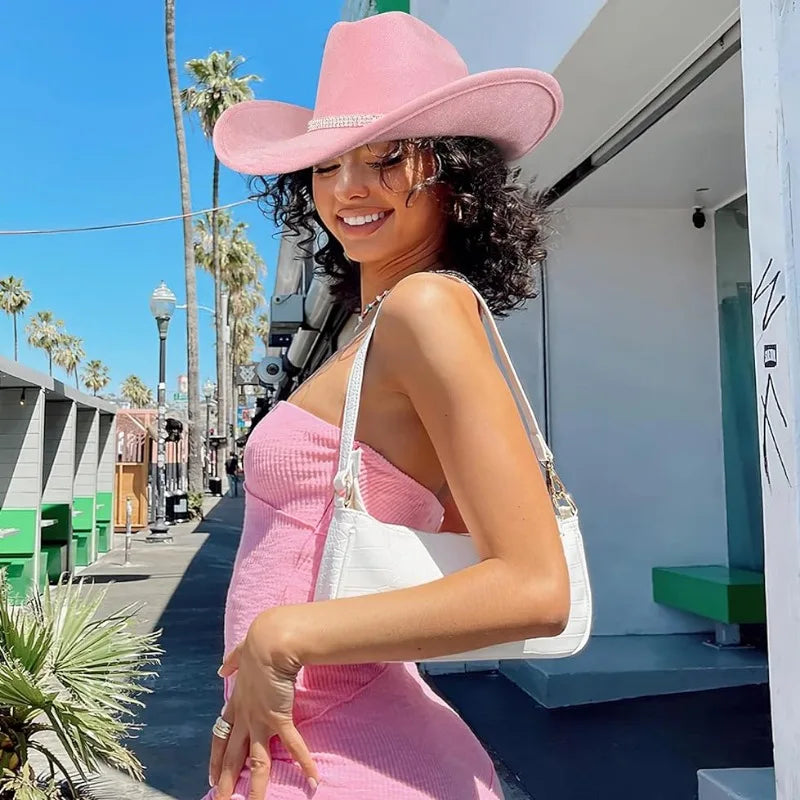 model using pink Rhinestone Girls Cowboy Hat