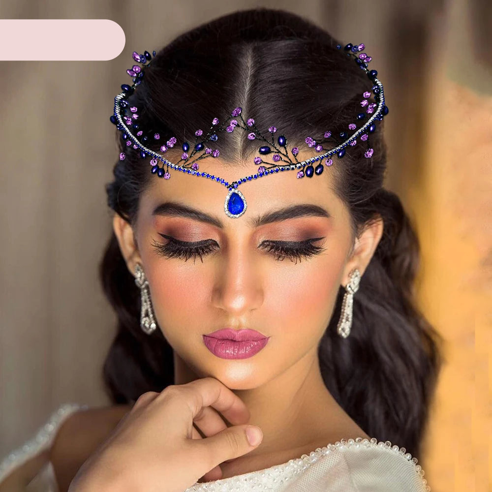 Rhinestone and pearl bridal forehead headpiece with comb and crystal chain