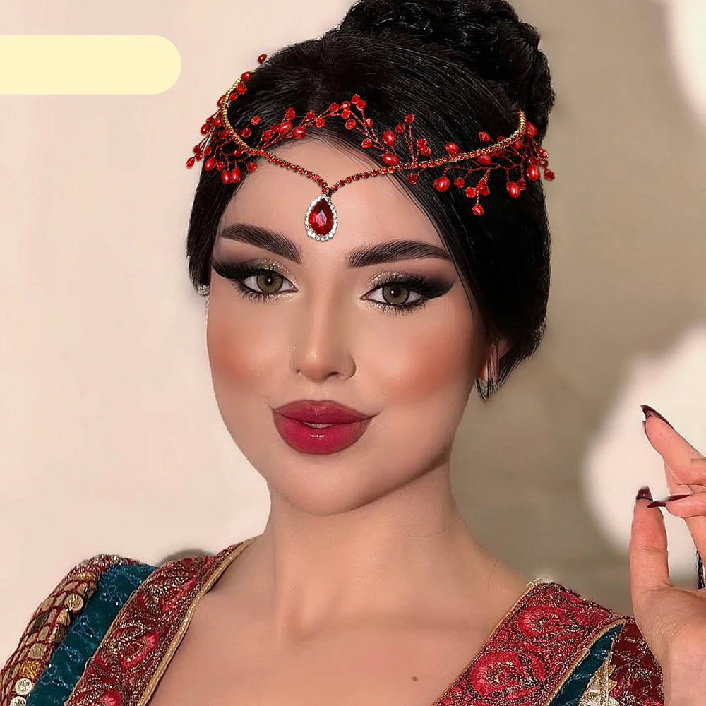 Rhinestone and pearl bridal forehead headpiece with comb and crystal chain