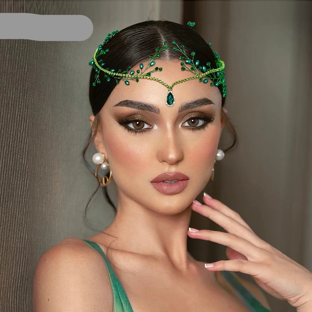 Rhinestone and pearl bridal forehead headpiece with comb and crystal chain