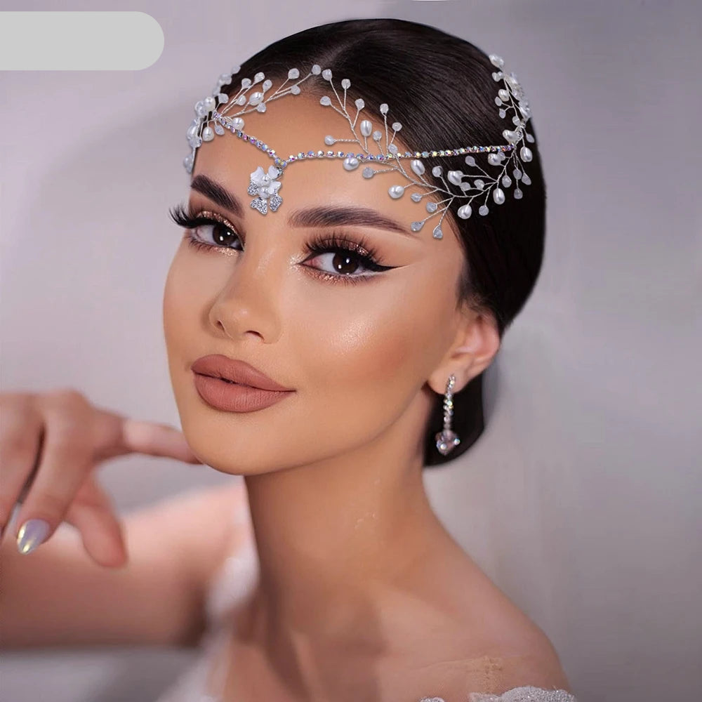 Rhinestone and pearl bridal forehead headpiece with comb and crystal chain