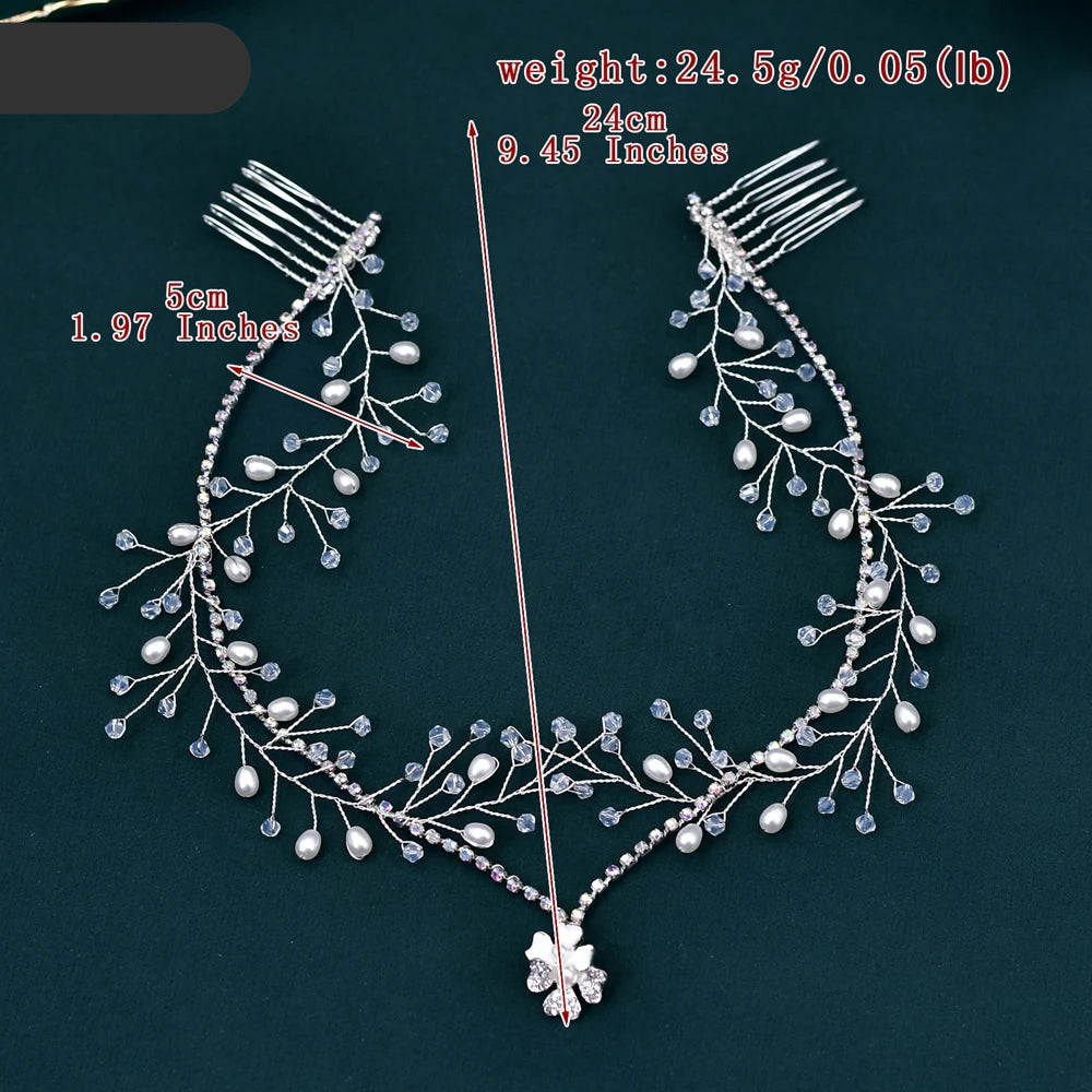 Rhinestone and pearl bridal forehead headpiece with comb and crystal chain