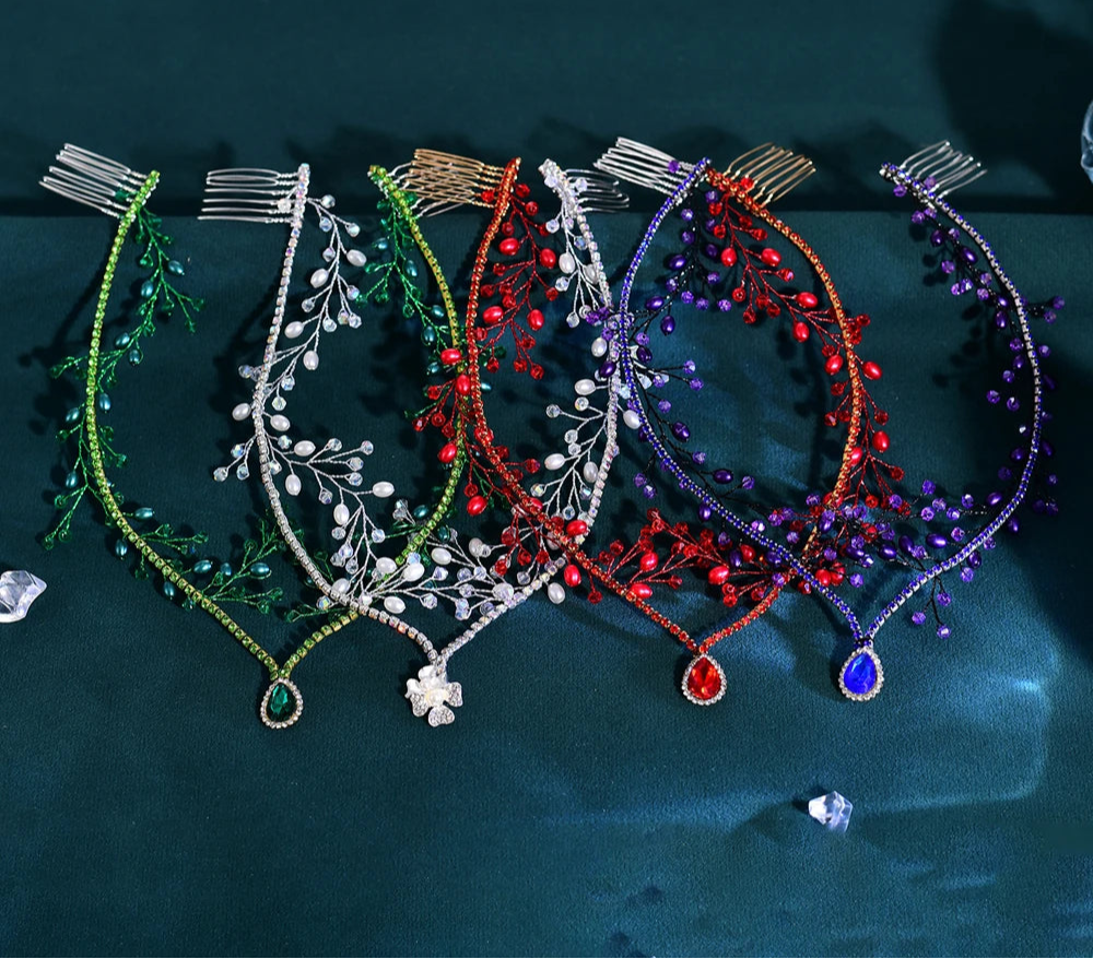 Rhinestone and pearl bridal forehead headpiece with comb and crystal chain