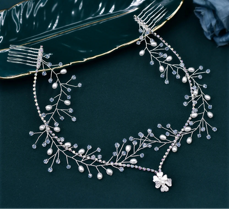 Rhinestone and pearl bridal forehead headpiece with comb and crystal chain