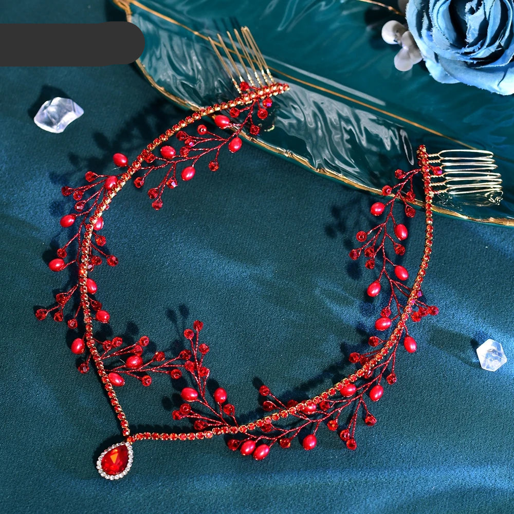 Rhinestone and pearl bridal forehead headpiece with comb and crystal chain