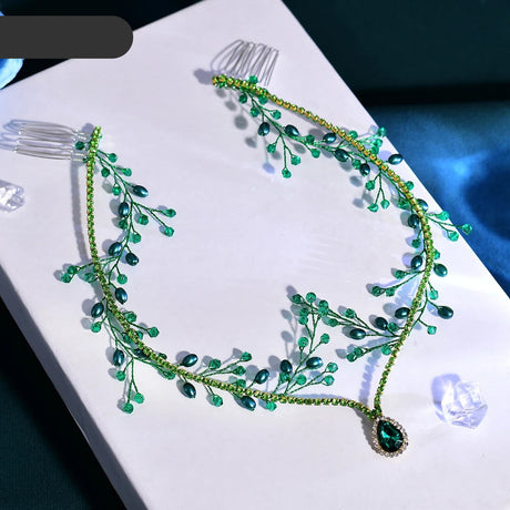 Rhinestone and pearl bridal forehead headpiece with comb and crystal chain