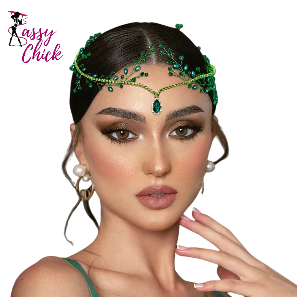 Rhinestone and pearl bridal forehead headpiece with comb and crystal chain