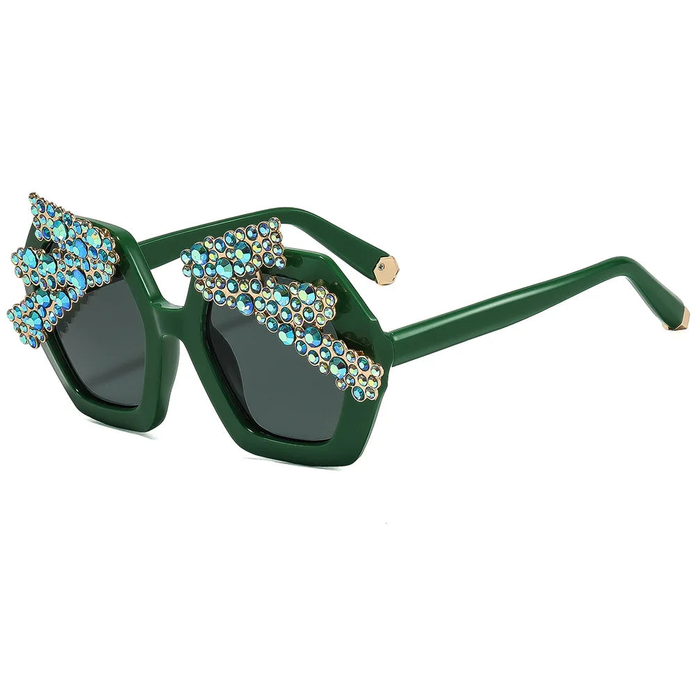Green Rhinestone Pearl Hexagon Baroque Sunglasses