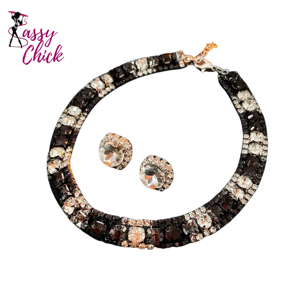 Rhinestone Square Earrings Necklace Set for Women Sassy Chick Logo