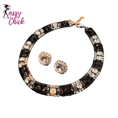Rhinestone Square Earrings Necklace Set for Women Sassy Chick Logo