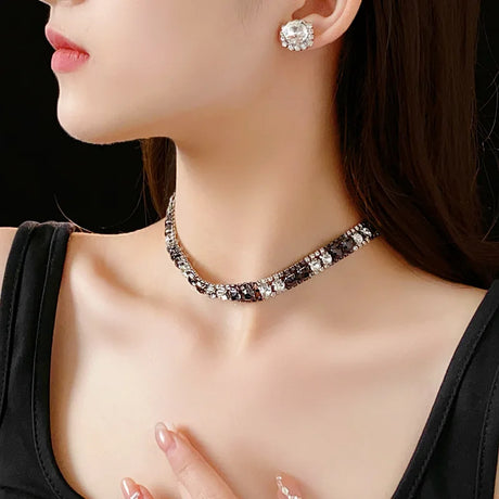 model using Rhinestone Square Earrings Necklace Set for Women