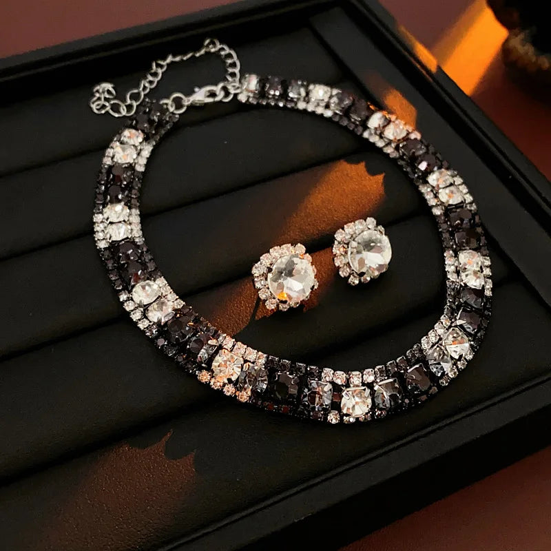 Rhinestone Square Earrings Necklace Set for Women