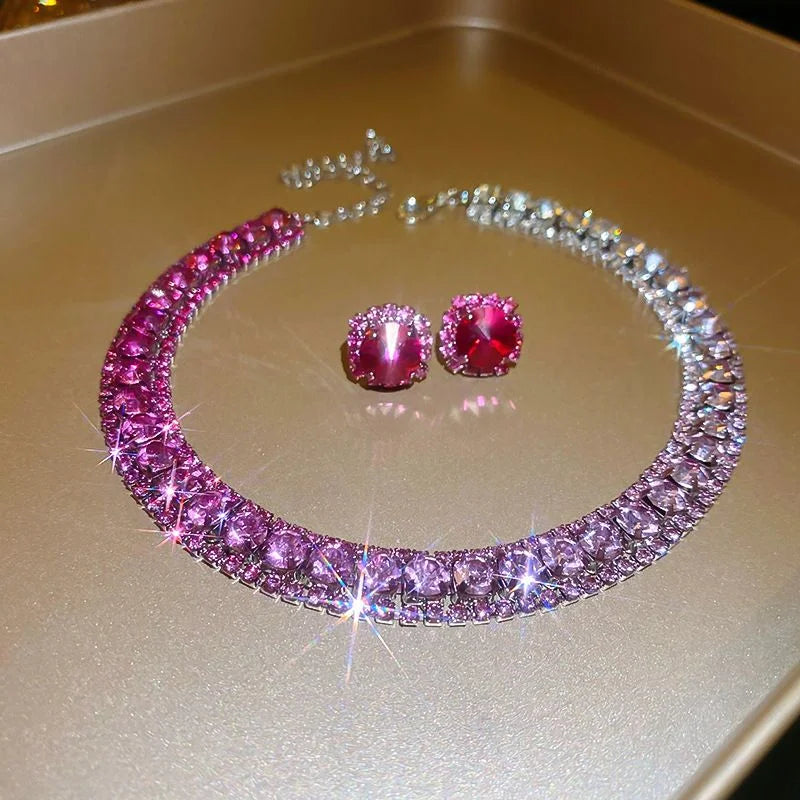 pink Rhinestone Square Earrings Necklace Set for Women