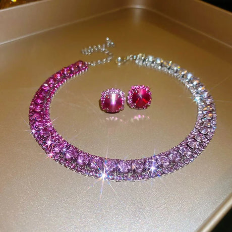 pink Rhinestone Square Earrings Necklace Set for Women