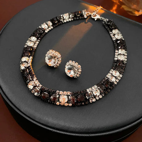 black Rhinestone Square Earrings Necklace Set for Women