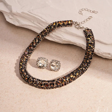 gold Rhinestone Square Earrings Necklace Set for Women