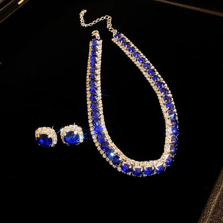 blue Rhinestone Square Earrings Necklace Set for Women