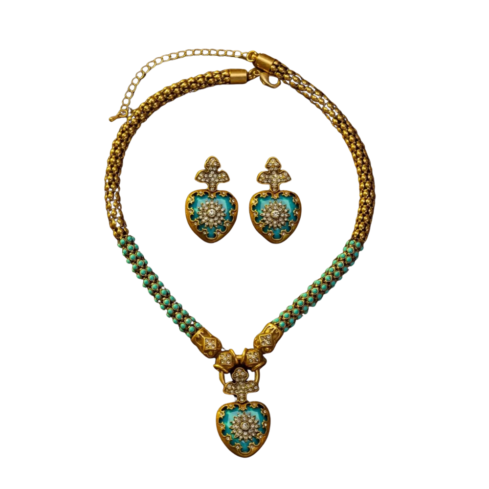 Rhinestone Vintage Inlaid Flower Blue Heart-Shaped Jewelry Set