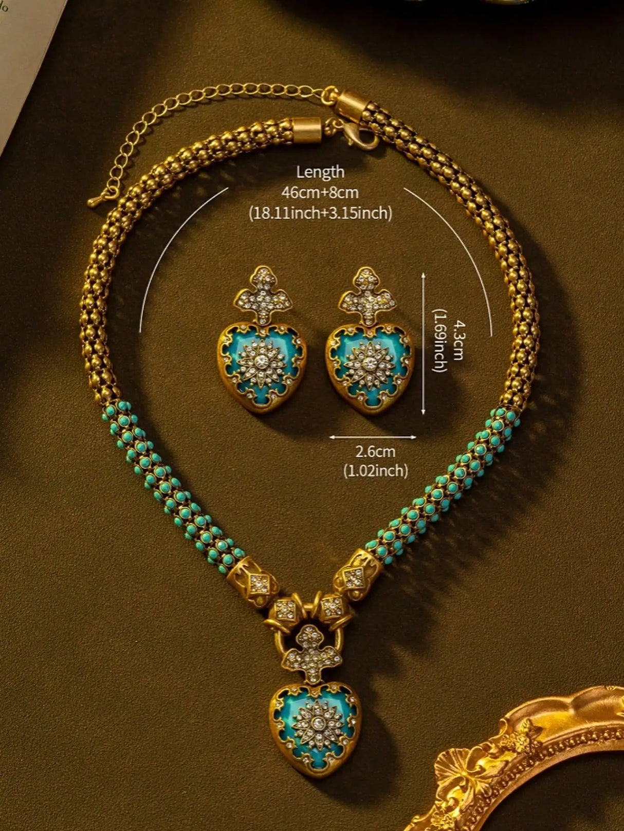 Size of Rhinestone Vintage Inlaid Flower Blue Heart-Shaped Jewelry Set