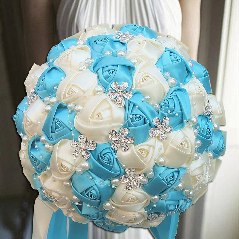 Blue White Rhinestones Ivory Ribbon Brooch Bridal Bouquets