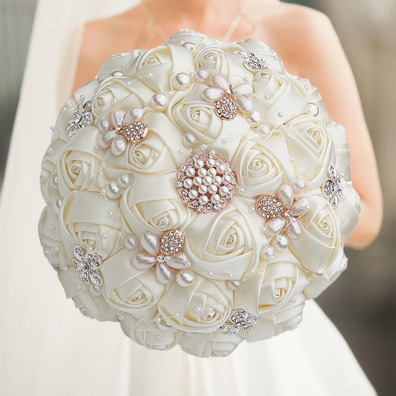 White Rhinestones Ivory Ribbon Brooch Bridal Bouquets