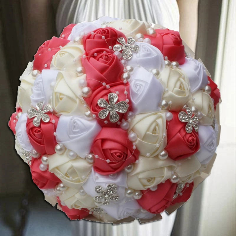 White Red Rhinestones Ivory Ribbon Brooch Bridal Bouquets