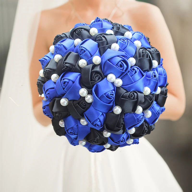 Blue Red Rhinestones Ivory Ribbon Brooch Bridal Bouquets