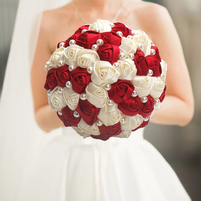 Red White Rhinestones Ivory Ribbon Brooch Bridal Bouquets