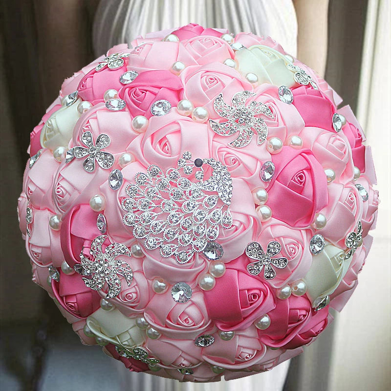 Pink Rhinestones Ivory Ribbon Brooch Bridal Bouquets