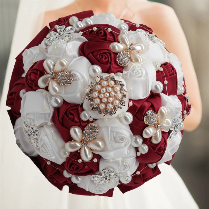 White Red Rhinestones Ivory Ribbon Brooch Bridal Bouquets