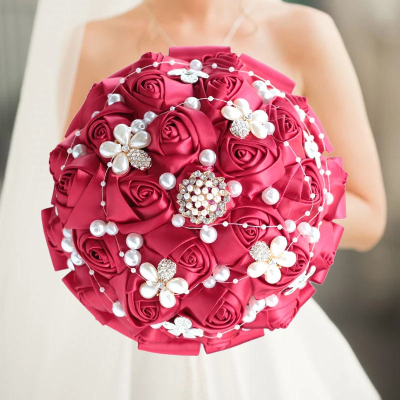 Red Rhinestones Ivory Ribbon Brooch Bridal Bouquets