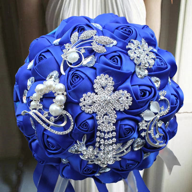 Blue Rhinestones Ivory Ribbon Brooch Bridal Bouquets