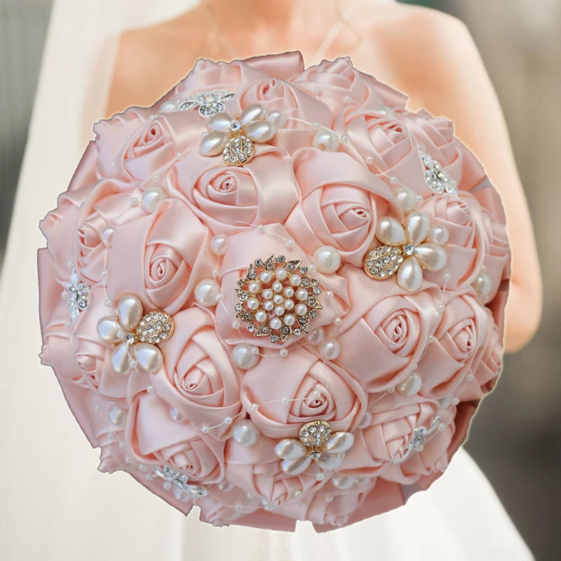 Pink Rhinestones Ivory Ribbon Brooch Bridal Bouquets
