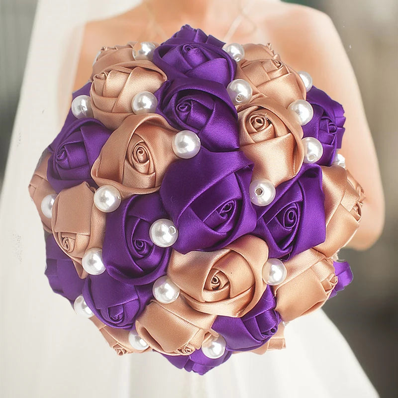 Purple Brown Rhinestones Ivory Ribbon Brooch Bridal Bouquets