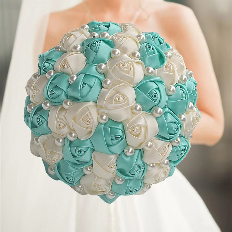Blue White Rhinestones Ivory Ribbon Brooch Bridal Bouquets