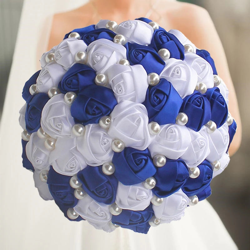 White Blue Rhinestones Ivory Ribbon Brooch Bridal Bouquets
