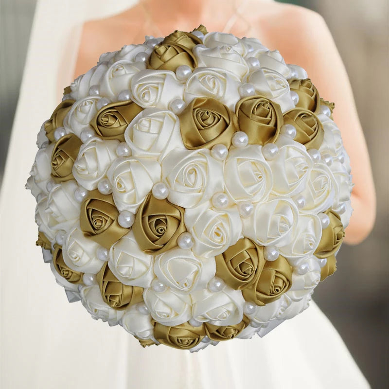 White Gold Rhinestones Ivory Ribbon Brooch Bridal Bouquets