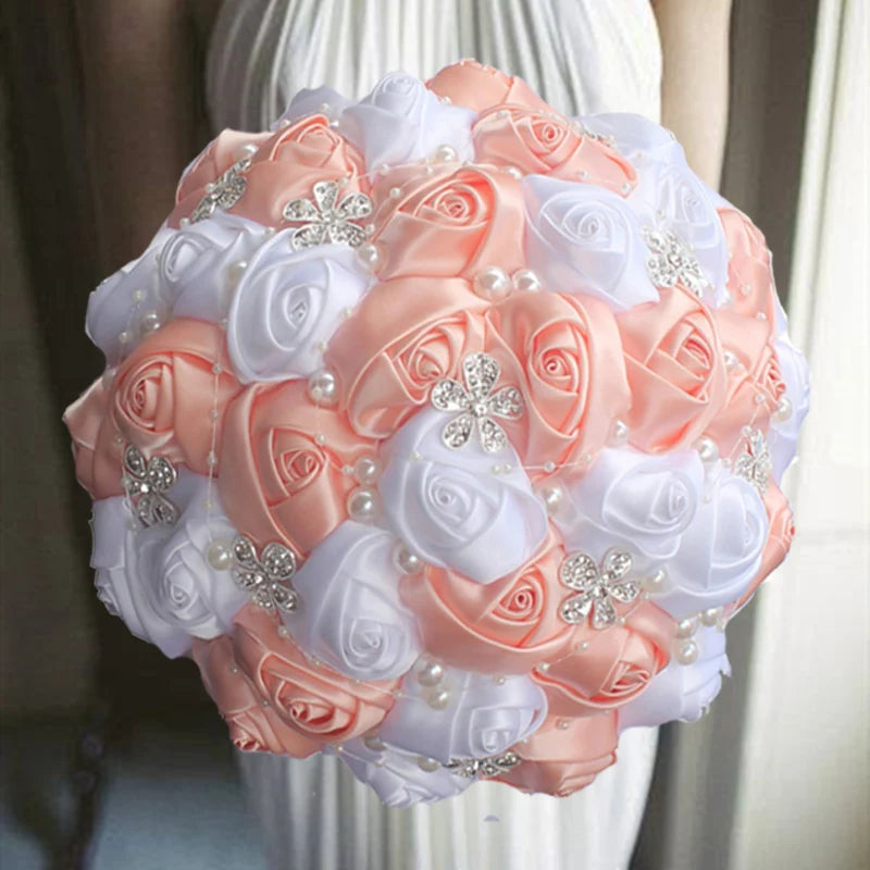 Pink White Rhinestones Ivory Ribbon Brooch Bridal Bouquets