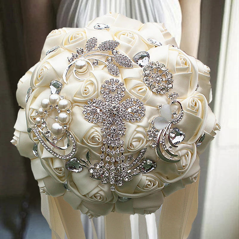 White Rhinestones Ivory Ribbon Brooch Bridal Bouquets