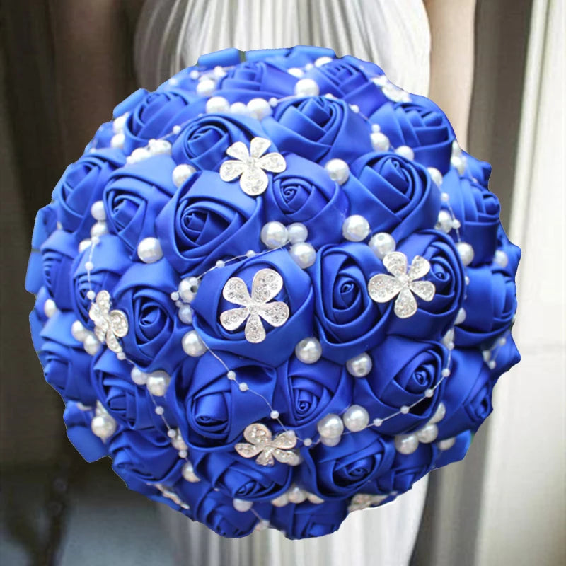 Blue Rhinestones Ivory Ribbon Brooch Bridal Bouquets
