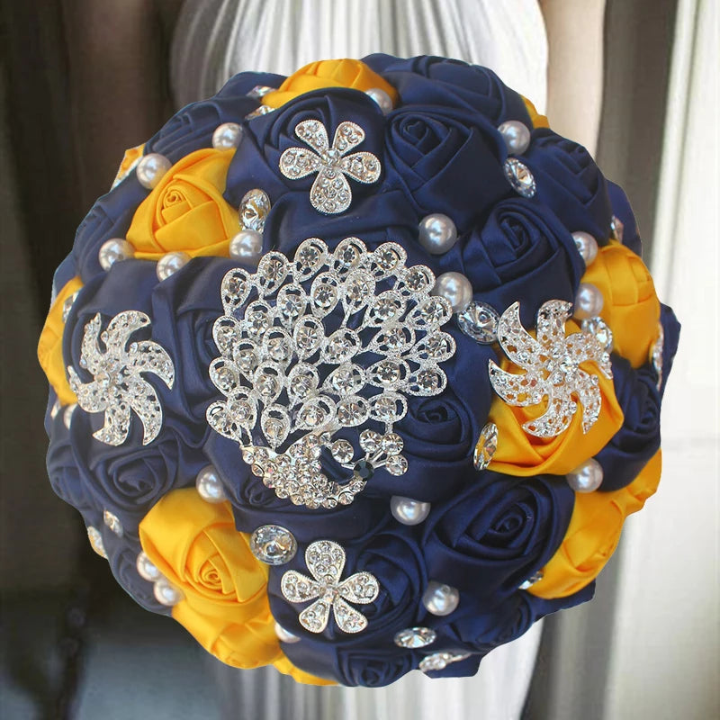 Blue Yellow Rhinestones Ivory Ribbon Brooch Bridal Bouquets