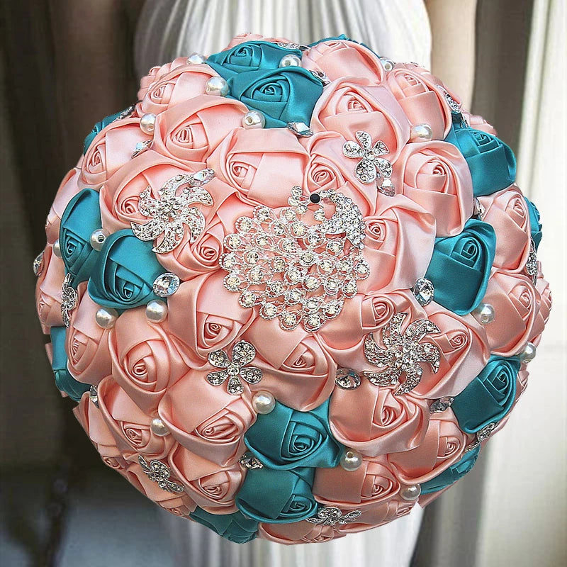 Pink Blue Rhinestones Ivory Ribbon Brooch Bridal Bouquets