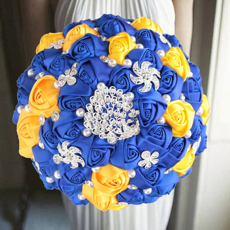 Blue Yellow Rhinestones Ivory Ribbon Brooch Bridal Bouquets
