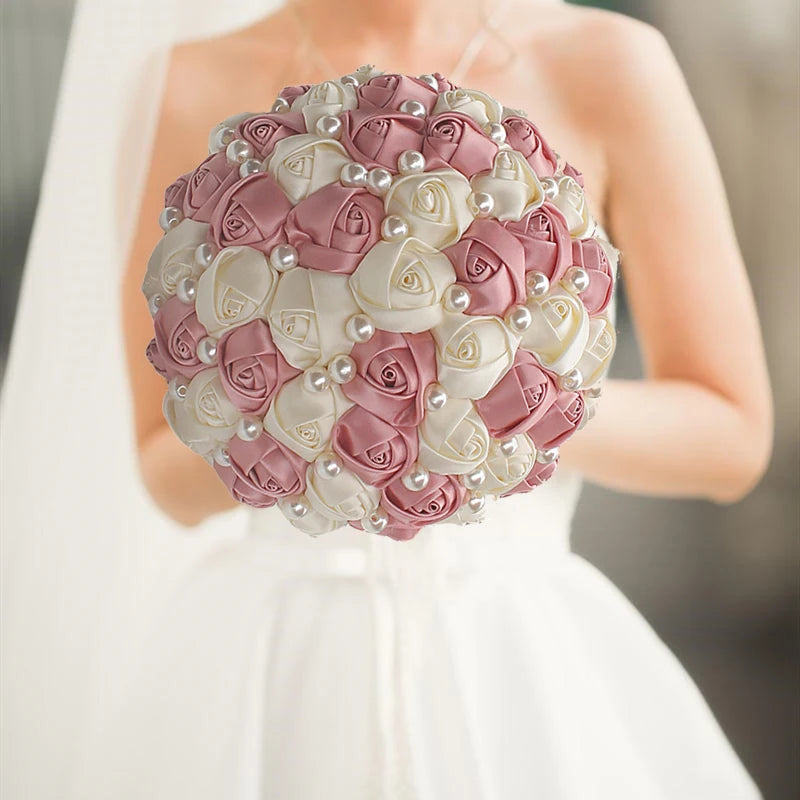 Pink White Rhinestones Ivory Ribbon Brooch Bridal Bouquets