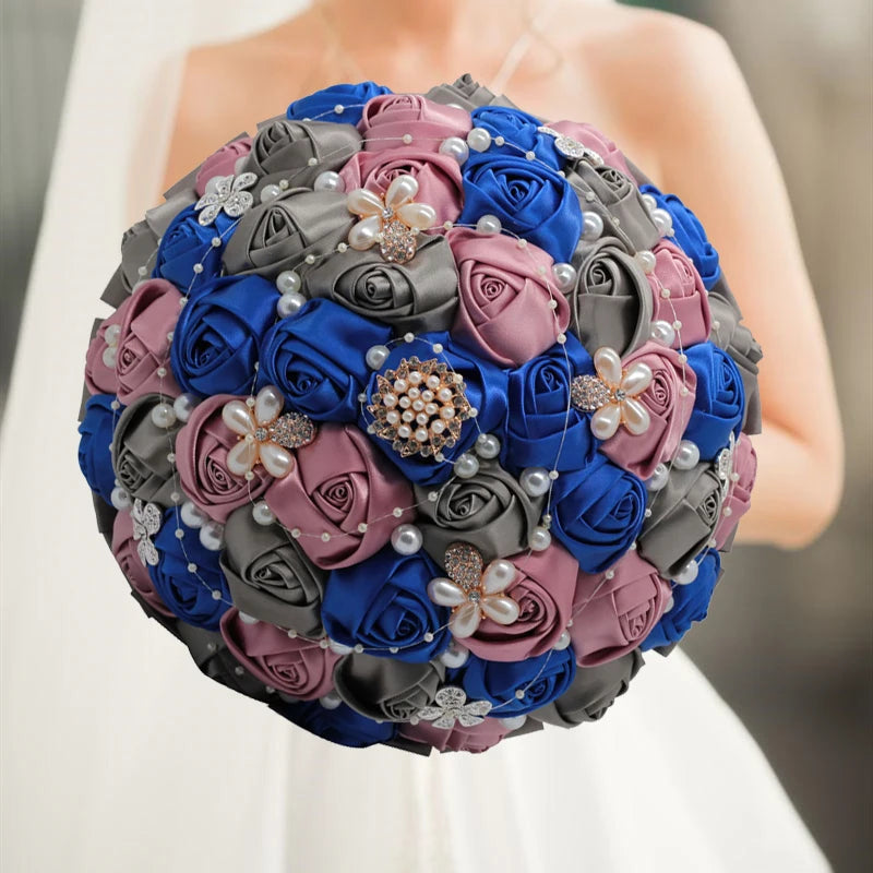 Blue Gray White Rhinestones Ivory Ribbon Brooch Bridal Bouquets