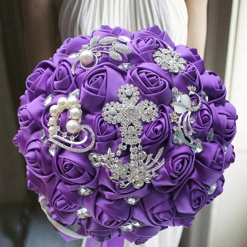 Purple Rhinestones Ivory Ribbon Brooch Bridal Bouquets